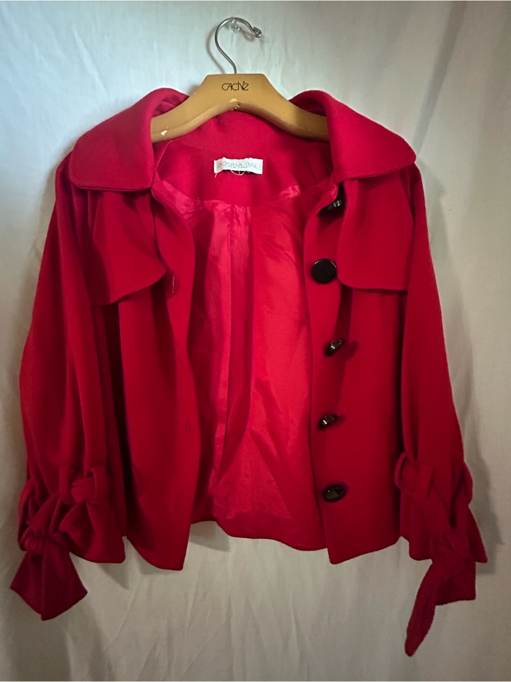 Donna Rae Red Pea Coat with Tie-Sleeve Detail